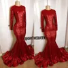 Abiti da sera con paillettes a maniche lunghe rosse vintage 2020 Blingbling Mermaid Collo alto Black Girl Prom Abiti da festa riflettenti