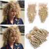 613 Sprail Curly Funmi Hair Extensions Platinum Blonde Aunty Curly Hair Weaves 3Pcs With 4x4 Lace Closure Loose Wave Wavy Hair