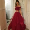 Simple Dark Red Two Piece Prom Dresses Boat Neck Short Sleeve A-Line Tulle Sexy Long Evening Gowns 2019 Cheap Party Dress Women Gowns