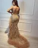 Gold Mermaid Luxurious 2019 African Evening Dresses High Neck Lace Beaded Prom Dresses High Split Formal Party Bridesmaid Pageant Gowns