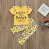 여름 여자 의류 아기 아이 옷을 세트 티셔츠 + 바지 루마 infantil meninas 작은 미스 편지 플로리 프린트