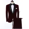 Bourgogne Velvet Mens Tuxedo Grooms Suit Black Notched Lapel One Button Prom Passar Bästa Man Blazer (Jacka + Byxor + Bow)