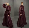 2020 Grape Prom Dresses Collo alto Appliqued Paillettes Tulle Sash Abito da sera Una linea Abiti per occasioni speciali su misura