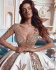 Pailletten Rose Gold Galajurken Lange mouwen Illusie Satijn Kathedraal Trein Baljurk Quinceanera Jurken Formele avondkleding