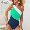 One Shoulde One Piece Swimsuit Women Bathing Suit Hollow Out Swimwear Stripe Bikini 2019 Bodysuits Patchwork Monokini Biquini