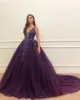 Dark Purple With Silver Long Evening Dresses Ball Gown V Neck Sexy Backless Sequins Beads Tulle Ruched Long Vestidos Prom Gowns Custom