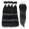 Ishow Brasilianska Straight Virgin Hair Extensions 4 st Mänskliga hårbuntar med stängning 4x4 spetsväv väv för kvinnor Flickor Alla Ages Natural Color 8-28INCH