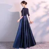 Navy Blue Noble Women Satin Half Sleeve Lace Dress Sexy Slim Full Length Evening Party Dresses Improved O-Neck Dancing Vestidos327d