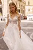 2022 Berta Beach Wedding Dresses V Neck Long Sleeves Lumbar Lace Bridal Gown Backless High Split Ruffle Sweep Train Robes De Mariée