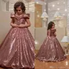 Cheap Bling Bling Rose Gold Ball vestido meninas Pageant Vestidos de lantejoulas Off ombro Floor Duração Uma linha Kid Prom Dress Flor Meninas Vestidos