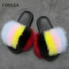 2022 mode couleurs mélangées pantoufles femmes arc-en-ciel chaussures fourrure diapositives moelleux doux maison pantoufles femme mignon floue fourrure tongs