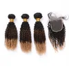 # 1B 4 27 Paquetes de cabello rizado rizado Ombre con cierre de encaje 4x4 Negro Marrón Miel Rubio 3 tonos Ombre Paquetes de tejido de cabello humano indio