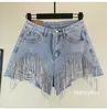 2019 verão moda larga perna feminina rhinestone franjas furo buraco jeans shorts feminino cintura alta denim shorts11