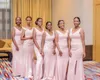 New African Cheap Pink Mermaid Bridesmaid Dresses V Neck Side Split Pearls Sweep Train Custom Wedding Guest Dress Formal Maid of Honor Gowns