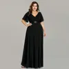 Plus Size Pink Prom-klänningar Long Ever Pretty V-hals Chiffon A-Line Robe de Soiree Navy Blue Formal Party Gowns for Women