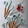 12 Pcs/Set Silicone Cooking Utensils Wooden Handles Non Toxic Tongs Spatula Spoon Kitchen Gadgets Nonstick Cookware JKKD1911