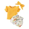 Baby Clothes Girl Floral Romper Sets Short Sleeve Solid Tops + Floral Print Shorts + Bow Headbands 3pcs/set Boutique Kids outfits M2111