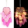 Sonho Catceiro Levado Handmade Dreamcatcher Penas Night Light Parede Pendurado Amor Coração Vento Chimes Decoração Decoração Da Parede De Bebê Decor