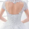 2020 Vintage Open Back Short Sleeve Ball Gown Lace Applique Crystal Beaded Plus Size Bridal Gowns New Designer