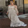 Vendita calda Boemia A-line Abiti da sposa Bateau Manica lunga Completamente appliquato Abito da sposa in pizzo A strati Increspato Sweep Train Boho Robes De Mari￩e