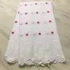 5Yards Nice looking white african cotton fabric with fuchsia flower swiss voile lace embroidery for dress BC38-1