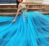 Stylish Side Split Prom Dresses Strapless Neck Beaded Appliqued Evening Gowns A Line Plus Size Sweep Train Tulle Formal Dress 407