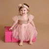 Bebek Kız Çiçek Prenses Sequins Kafa Bandı Ile Pembe Tutu Elbise Toddler Bebek Düğün Parti Katmanlı Tül Elbiseler Sundress Vestidos