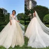 Elegant Long Sleeves Lace A Line Wedding Dresses Deep V Neck Sheer Tulle Applique Sweep Train Wedding Bridal Gowns With Buttons BC1521