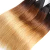 Raka väver brasilianska jungfruliga hårbuntar ombre 1b 4 27 blond färg blond indisk remy weave2981173