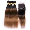 # 1B / 4 / 30 4x4 레이스 클로저가 적용된 Dark Auburn Ombre 말레이시아 산 헤어 3 번 Black Brown Auburn 직선 인체 모발 Wefts with Closure