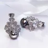 Mode-Neujahrsgeschenk Modischer Blumen-Tropfenohrring-Statement-Schmuck pendientes aros mit klarem Kristall und simulierten grauen Perlenohrringen
