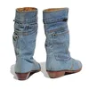 熱い販売 - 女性のファッションブーツデニム素材ブーツスリップオンミッドカーフブーティー防水暖かい履物の靴Mujer Booten XWX7151