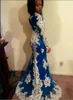 2020 New Arrival Royal Blue Prom Dresses White Lace Appliques Mermaid Illusion Plus Size African Black Girl Evening Dress Wear Party Gowns