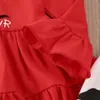 Sevgililer Günü Bebek Kız Giyim Pamuk İlkbahar Ruffles Aşk Kalp Dinozor Asimetri Elbise Üst + Pantolon 2pcs / set Butik Giyim M948 ayarlar