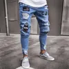 Hombre blancas azul fresco diseñador Jeans Hombre flaco rasgado destruido Stretch Slim Fit Hip Hop pantalones con agujeros de los hombres de moda los pantalones vaqueros calientes