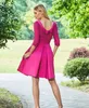 Hot Pink Short Party Bridesmaid Dresses with Pockets Lace Half Sleeves Backless Satin A Line Homecoming Prom Graduation Dress