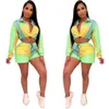 Multicolour Block Patchwork Tracksuit Elegante Manga Longa Zíper Acima Trench de Manga Longa E Shorts Set Night Club Women Outfits