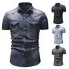 Mens Denim Shirts Top Short Sleeve Fashion Casual Wash Lapel Shirt Male Business Tops233C