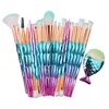 21pcs Mermaid Makeup Brushes Set Foundation Powder Eyeshadow Contour Blending Cosmetic Diamond Make up Brush Kit with Little Fish Tail