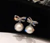 S1439 Fashion Jewelry S925 Sliver Post Earrings Rhinstone Bowknot Faux Pearl Dangle Stud Earrings