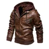 Men's Leather & Faux Hooded Jacket Motorcycle PU Baseball Biker Autumn And Winter Coat Windbreaker