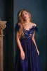 Senaste Prom Jewel Neck Lace -applikationer Charmiga en linje Evening Wear Wear Sweep Train Party Gowns Special OCN Dresses
