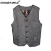 SHOWERSMILE Tweed Gilet Hommes Gris Chevrons Gilets Mâle Vintage Slim Fit Gilet Poches Automne Hiver Rétro Veste Sans Manches