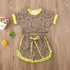 2 sztuk Little Girls Kids Baby Strój Zestawy Letnie Leopard Drukuj Wzór Krótki Rękaw Okrągły Kołnierz Krótki Top + Casual Shorts Odzież