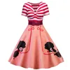 2019 New Women Dress Elegant Vintage Style Stripes Piecing Pet Dogs Print Bow Belt For Slim Waist Flared Dress Size S-2XL