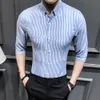 marca 2020 Tops Moda Masculina Verão puro algodão camisa meio manga Negócios / listras lapela de alta qualidade Men Casual camisas S-5XL