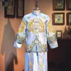 Homens antigos mostram traje azul marinho Noivo Wedding clássico Cheongsam Estilo chinês Longa Robe vestido Stage Desempenho brinde roupas