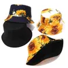 패션 여자 여자 선물 야외 버켓 모자 3D 해바라기 인쇄 인색 모자 챙 모자 양면 착용 여름 차양 모자