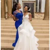 Royal Blue Satin Sheer Neck V-neck Bridesmaid Dresses Plus Size For African Wedding Country Mermaid Backless Dresses Evening Wear Prom