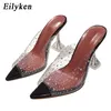 Eiluken Kobiety Pantofle PCV Przezroczyste Kryształ Kubek Heeled Summet Buty Kobieta Szpiczasty Toe High Heels Party Prom Slides Buty